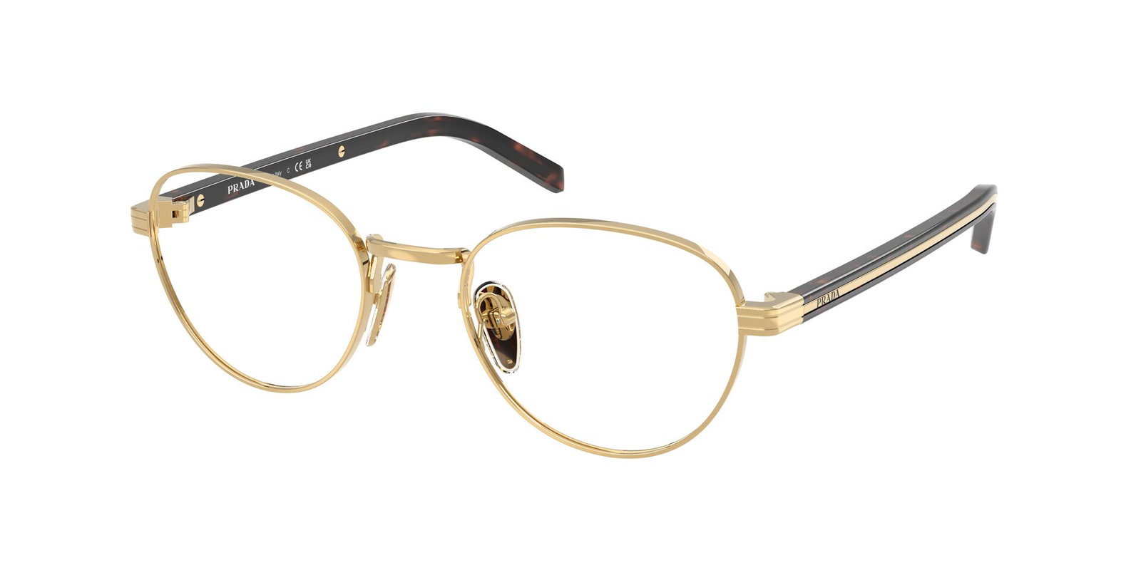 Das Bild zeigt die Prada Brille B53V in Gold leicht schräg von der Seite.